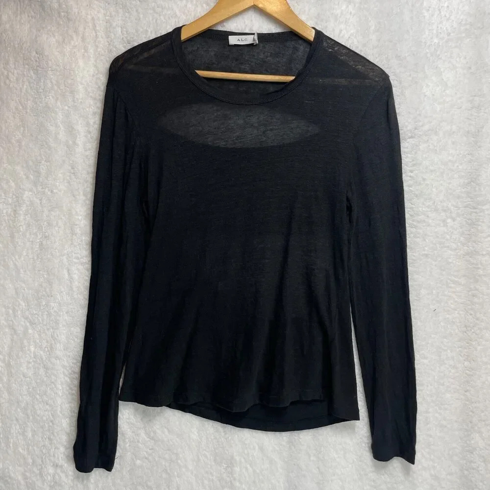 ALC Womens Long Sleeve Linen Knit Open Back Tee Shirt Black Size S Crew Neck